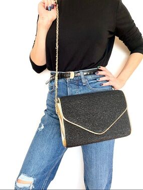 Vintage 1980s Le Regale Black Woven/Silver Trim Envelope Clutch/Crossbody Bag